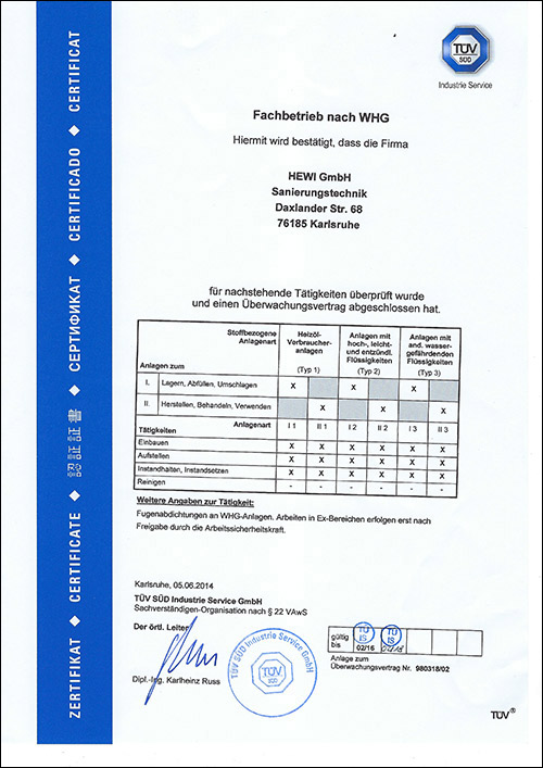 Zertifikat / Fachbetrieb nach §19 l WHGG